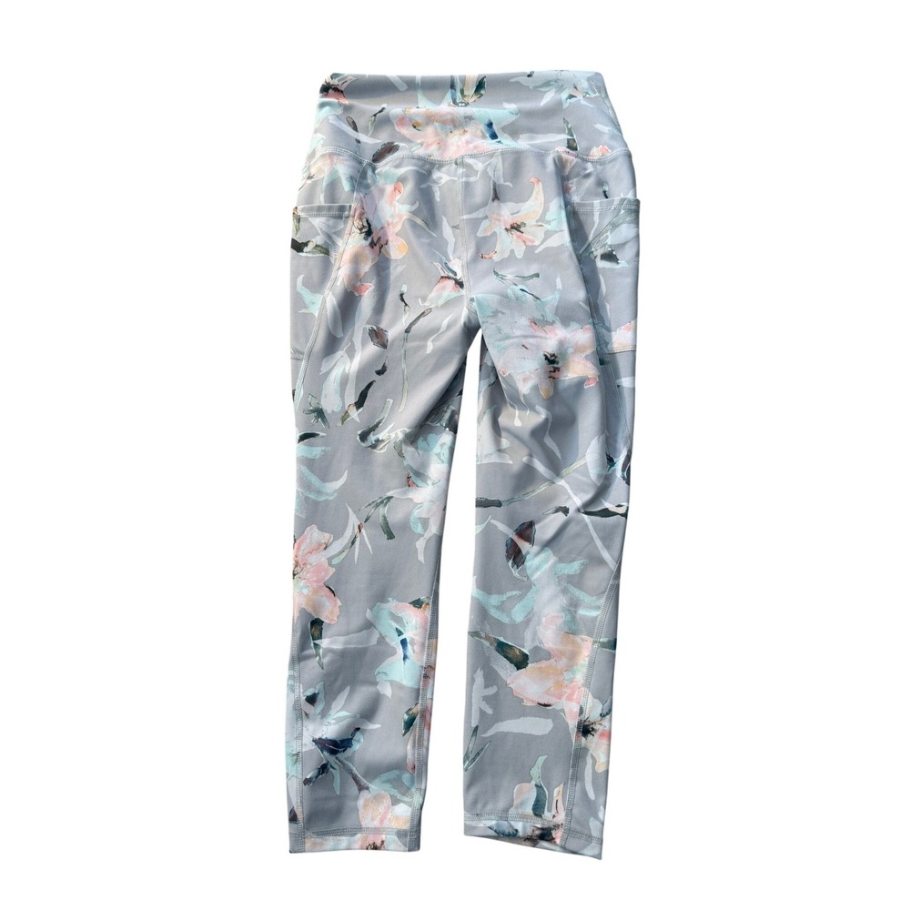 RBX Leggings Womens M Grey Floral Capri High Waisted Side Pockets Activewear - Picture 2 of 7